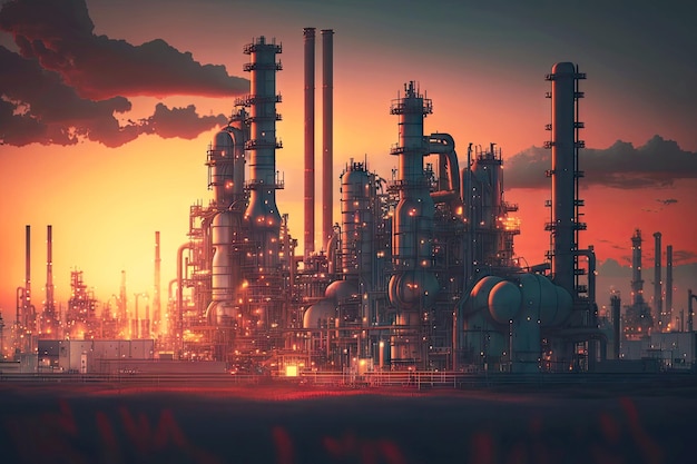 Nieleczony przemysłowy krajobraz fabryki rafinerii ropy naftowej o zachodzie słońca generatywny zakład chemiczny ai
