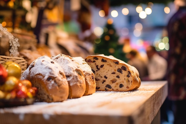 Niemiecki chleb owocowy Stollen z wesołym jarmarkiem bożonarodzeniowym delikatnie nieostry w tle