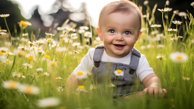 Zdjęcie niemowlę siedzące na ławce miękkiej trawy z margaritami