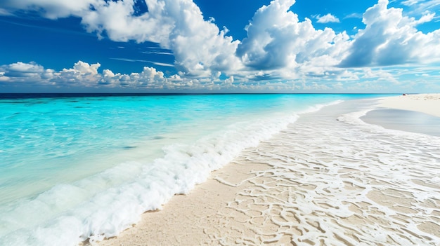 Nienaruszona plaża z białym piaskiem rozciąga się w nieskończoność, otoczona łagodnymi turkusowymi falami.