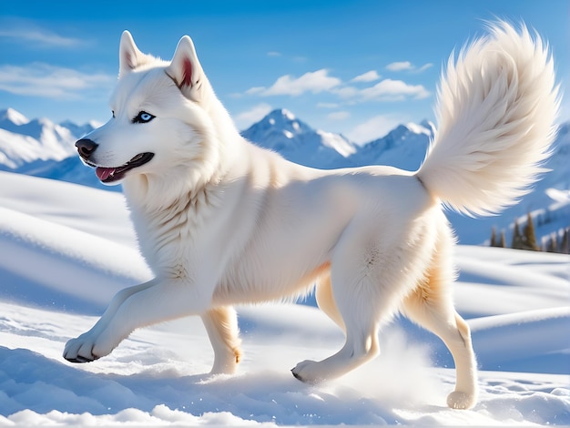 Nieopatrzona w łaskę syberyjski husky na tle śniegu jego puszysty futro tańczące w zimowym br
