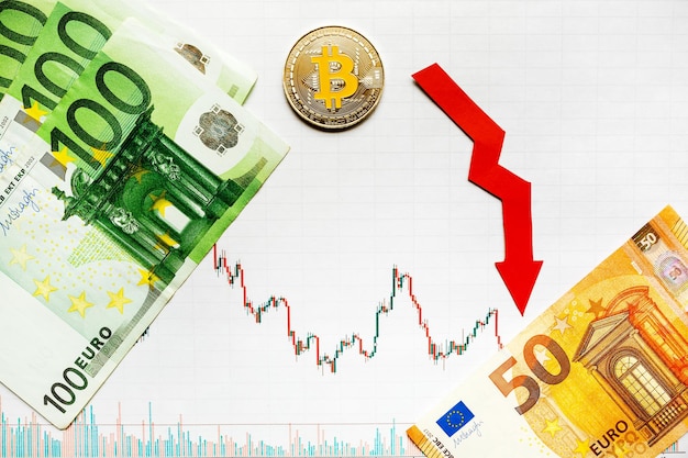 Nieopłacalna inwestycja amortyzacji wirtualnych pieniędzy bitcoin Zielona czerwona strzałka srebrna bitcoin i euro spadają na papierowym tle indeksu wykresu forex Koncepcja amortyzacji kryptowaluty
