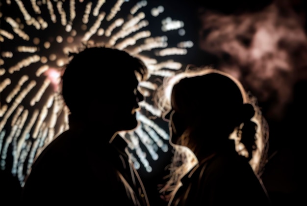 Nieostra sylwetka pary z noworocznymi fajerwerkami w tle