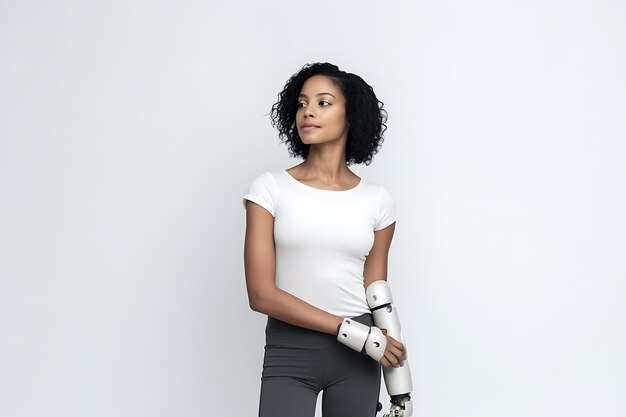 Niepełnosprawna Afroamerykanka w białej koszulce z protezami zamiast rąk