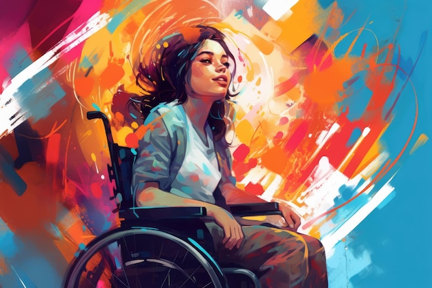 Niepełnosprawna dziewczyna na wózku inwalidzkim na chlapanym kolorowym tle
