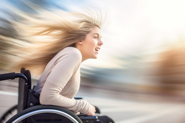 Niepełnosprawna kobieta na wózku inwalidzkim z włosami dmuchającymi na wietrze Przyspiesz się i poruszaj Żądza życia i sukcesu na świeżym powietrzu