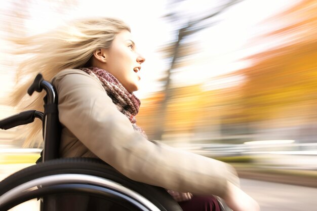 Niepełnosprawna kobieta na wózku inwalidzkim z włosami dmuchającymi na wietrze Przyspiesz się i poruszaj Żądza życia i sukcesu na świeżym powietrzu