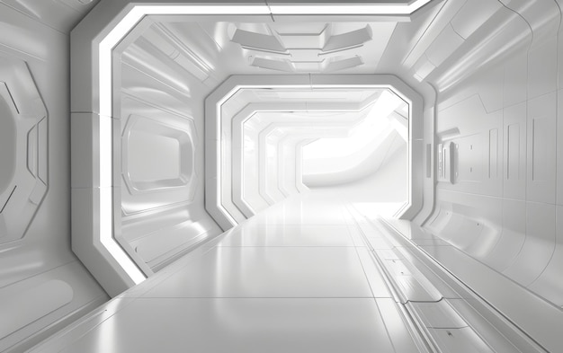 Niepokalany biały korytarz z sześciokątnymi wzorami emanuje elegancją sci-fi.