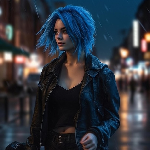 Niepokojąca kobieta chodząca w nocnym mieście z niebieskimi włosami Generatywna sztuczna inteligencja