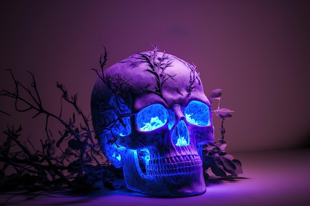 Zdjęcie niepokojąca plastikowa czaszka, na której świeci fioletowe światło