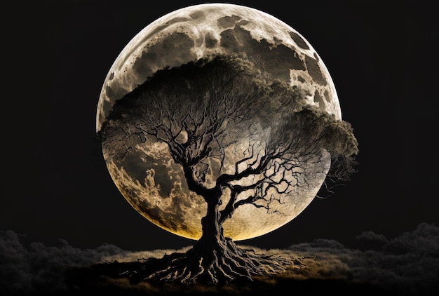 Niepokojące drzewo na tle dużego księżyca