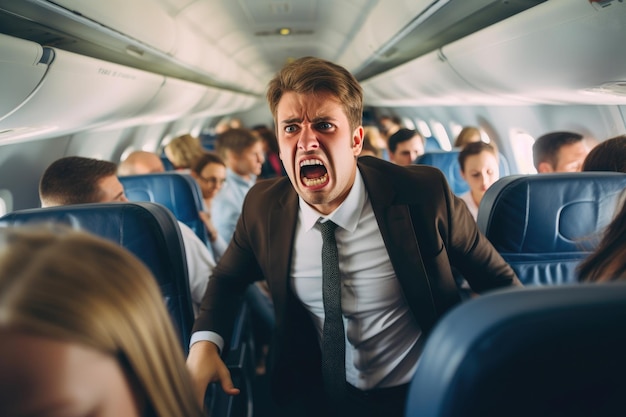 Zdjęcie niepokojący biznesmen w turbulentnych podróżach lotniczych