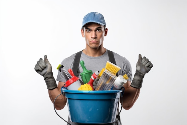 Niepokojący młody przystojniak sprzątający w koszulce i czapce trzymający wiadro narzędzi do sprzątania