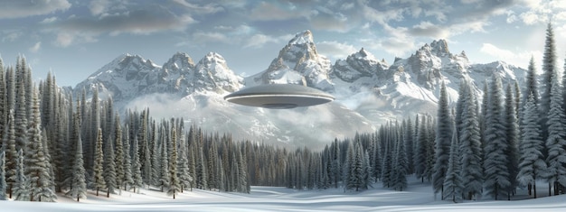 Nieprzyjemny widok UFO unoszącego się nad pokrytymi śniegiem szczytami i lasami w odległej śnieżnej pustyni