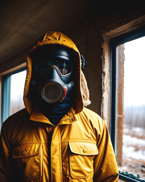 Nierozpoznawalna osoba z maską gazową w postapokaliptycznym otoczeniu po generatywnej ai wojny nuklearnej