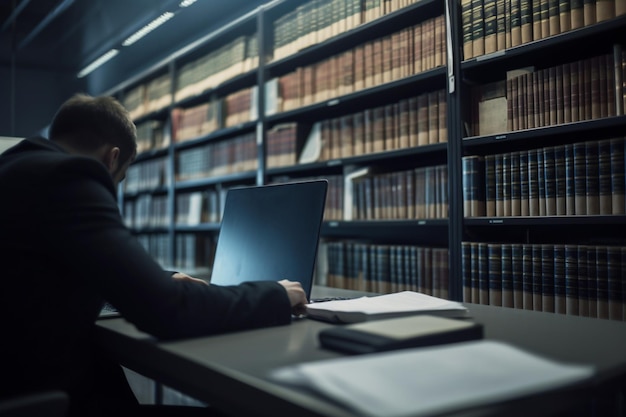 Nierozpoznawalny mężczyzna w bibliotece otoczony książkami i używający laptopa do wyszukiwania i analizowania
