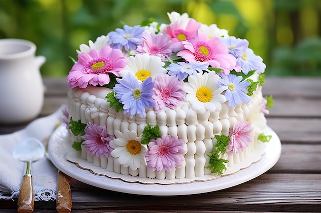 Zdjęcie nieruchomość smacznego ciasta urodzinowego z prezentami