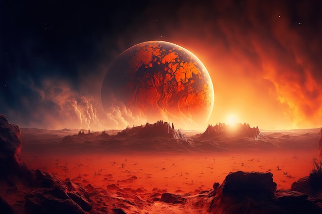 Niesamowita czerwona planeta Mars w odległym regionie gwiezdnym Koncepcja misji na Marsa