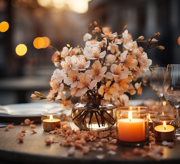 Niesamowita dekoracja stołu weselnego z kwiatami na drewnianych stołach