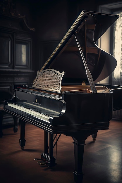Niesamowita fotografia instrumentu fortepianowego w ciemnym pokoju AI Generated