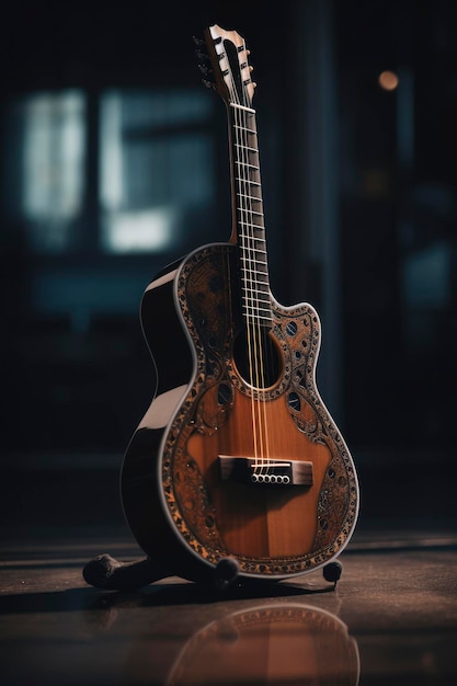 Niesamowita fotografia instrumentu gitary akustycznej w ciemnym pokoju AI Generated