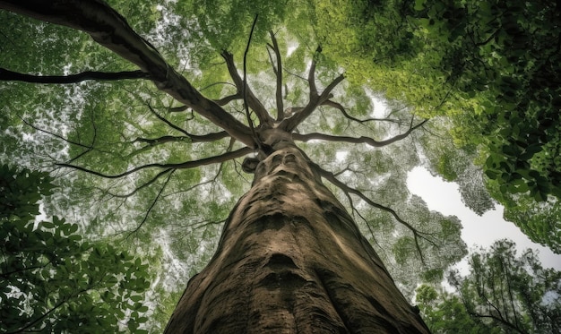 Niesamowita scena przyrodnicza z gigantycznym baldachimem drzew Tworzenie przy użyciu generatywnych narzędzi sztucznej inteligencji