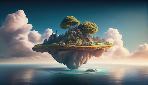 Niesamowita sceneria fantasy z pływającymi domami na wyspach na pochmurnym tle generowanym przez sztuczną inteligencję