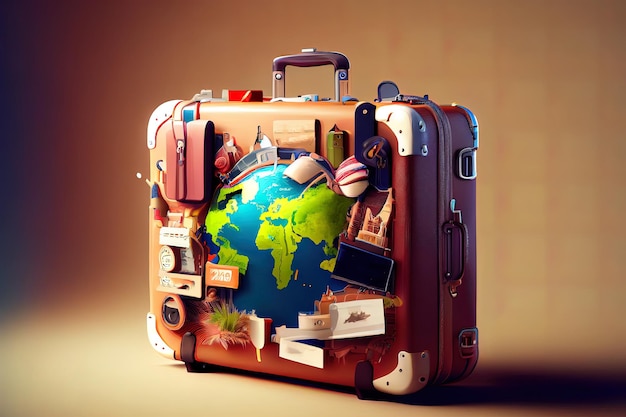 Niesamowita walizka fotorealistyczna z różnymi elementami miejsca docelowego podróży Światowa koncepcja wektora podróży