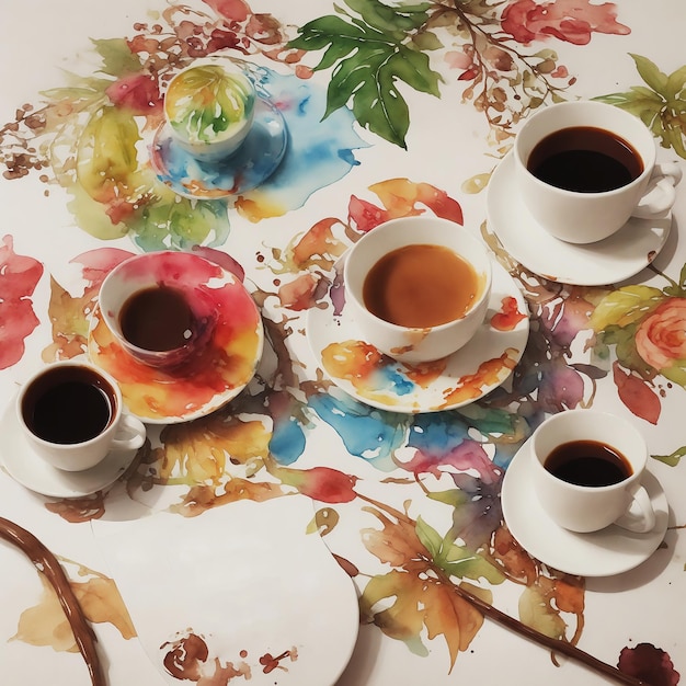 niesamowita wielokolorowa tajemnicza rajska filiżanka ziaren kawy kolorowa farba na papierze akwarela HD
