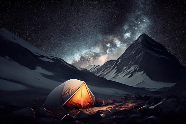 Niesamowite gwiaździste nocne niebo w górach i oświetlony namiot na kempingu Generative Ai