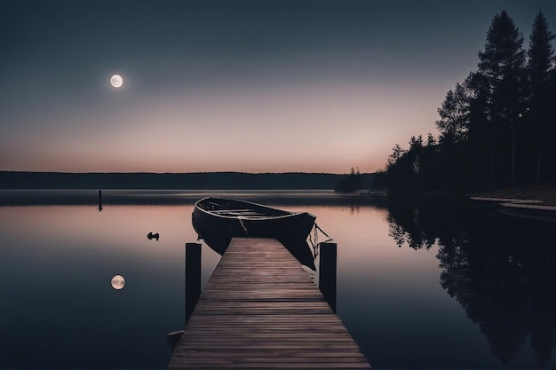 Niesamowite jezioro oświetlone księżycem, z pływającą widmową postacią i nawiedzoną przystanią dla łodzi generowaną przez sztuczną inteligencję