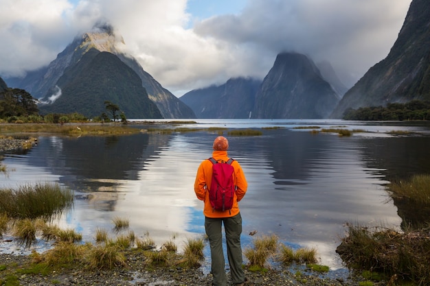 Niesamowite naturalne krajobrazy w Milford Sound, Fiordland National Park w Nowej Zelandii