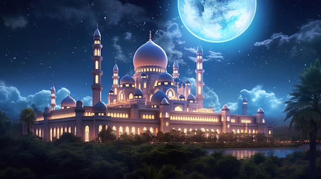 Niesamowite nocne niebo meczetu z gwiazdami Generative AI Technology