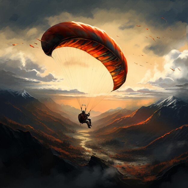Niesamowite paragliding latające chmury góry niebo obraz tła Ai generowane sztuki