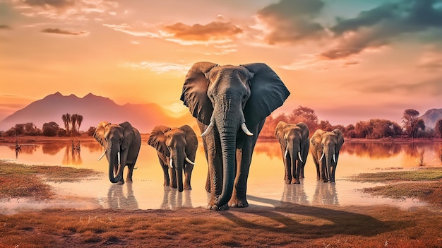 Niesamowite słonie afrykańskie o zachodzie słońca koncepcja obrazu generowanego przez AI