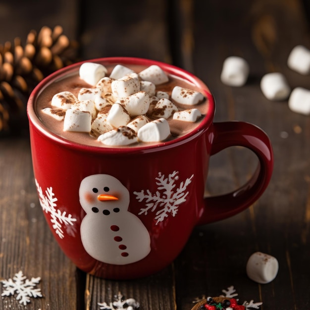 Niesamowite zdjęcie gorącego kakao dla smakoszy w pięknym świątecznym kubku