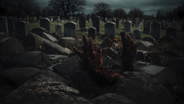 Niesamowity blask w noc Halloween wskrzeszający zombie na cmentarzu