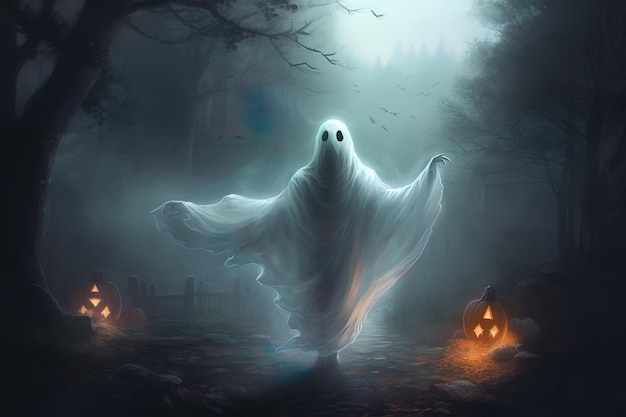 Niesamowity i klasyczny obraz ducha z Halloween wygenerowany przez sztuczną inteligencję