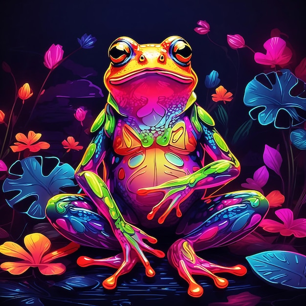 Niesamowity kolorowy wzór żaby siedzącej neonowej ilustracji AI wygenerowany