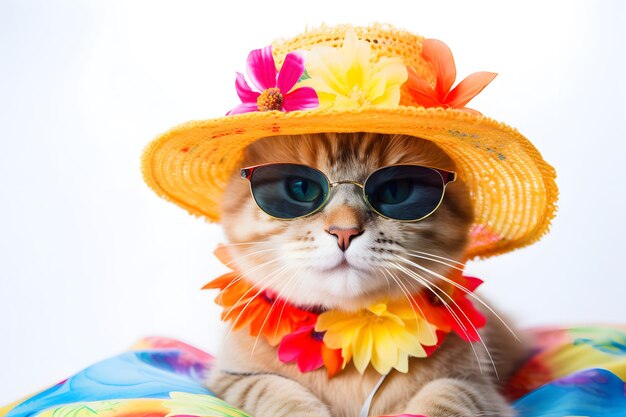 Niesamowity kot cutie w kolorowym letnim kapeluszu z kwiatami i okularami przeciwsłonecznymi izolowanymi na białym tle