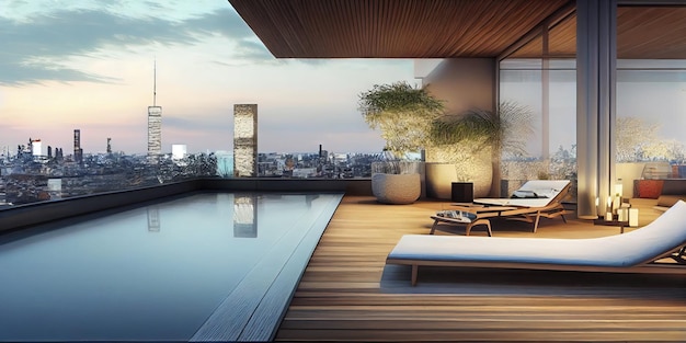 Niesamowity luksusowy penthouse z basenem z widokiem na generatywną ai panoramę Tokio