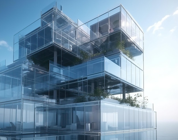 Niesamowity nowoczesny szklany budynek z generatywnymi ogrodami na dachu