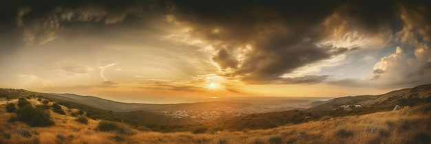 Zdjęcie niesamowity panoramiczny widok zapierającego dech w piersiach zachodu słońca na tle wspaniałego krajobrazu