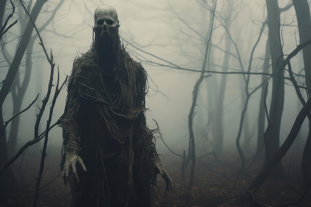 Niesamowity potwór przypominający człowieka w mglistym lesie reprezentujący koncepcje grozy lub Halloween