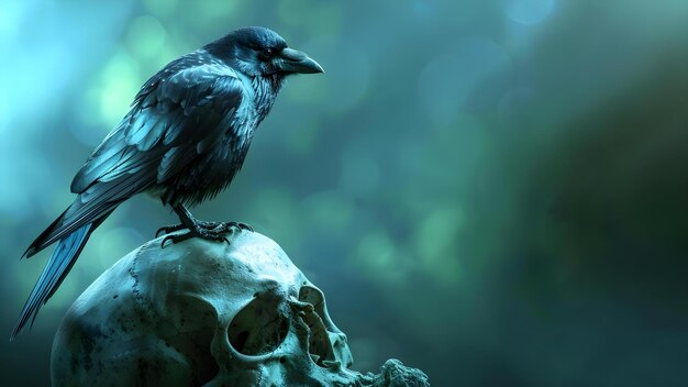 Niesamowity widok czarnopierzystego ptaka scavenger siedzącego na dużej czaszce Koncepcja Niesamownego Ptaka Scavenger Czaszka Horror Fotografia Ciemna Ambiance