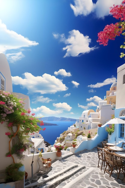 Niesamowity widok na Santorini z wioską bielonych domów i błękitnym niebem