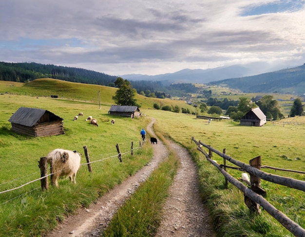 Zdjęcie niesamowity widok na wieś w górach rustic ścieżka w zielonym polu z konia siana i drewnianych domów z