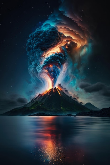Niesamowity widok wybuchającego wulkanu z kolorowym dymem — generowany przez sztuczną inteligencję