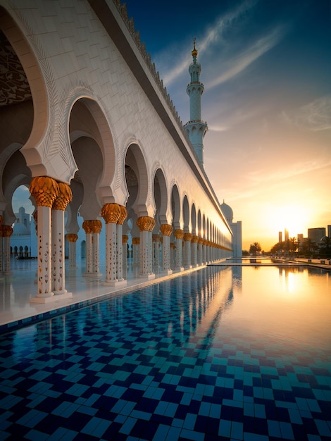Niesamowity widok zachodu słońca w meczecie Abu Dhabi Zjednoczone Emiraty Arabskie
