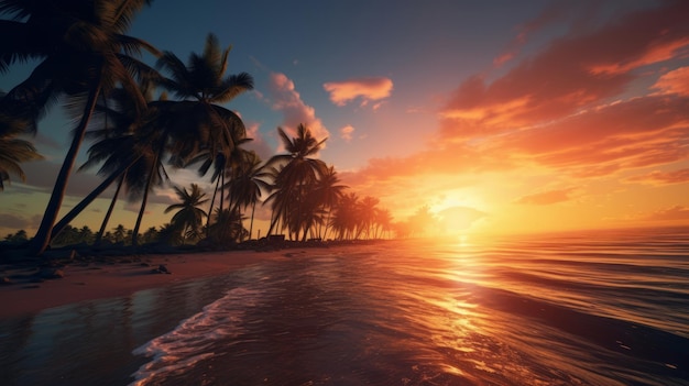 Zdjęcie niesamowity zachód słońca na tropikalnej plaży z palmami